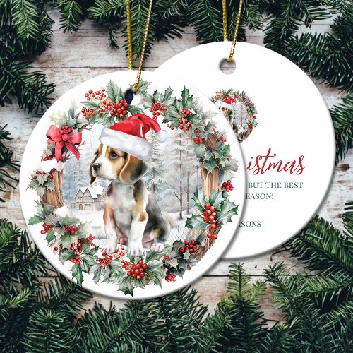 Cute Christmas beagle dog puppy Santa hat Ceramic Ornament