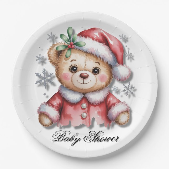 Cute Christmas Bear and Snowflakes Paper Plates (Front)