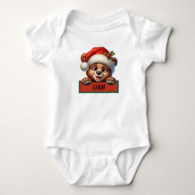 Cute Christmas Bear Custom Name Baby Bodysuit (Front)