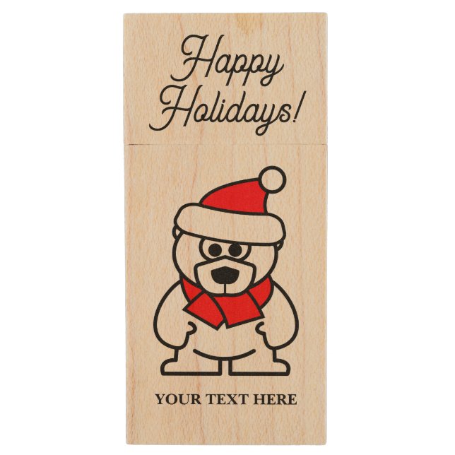 Cute Christmas bear custom USB Wooden Flash Drive (Front Vertical)