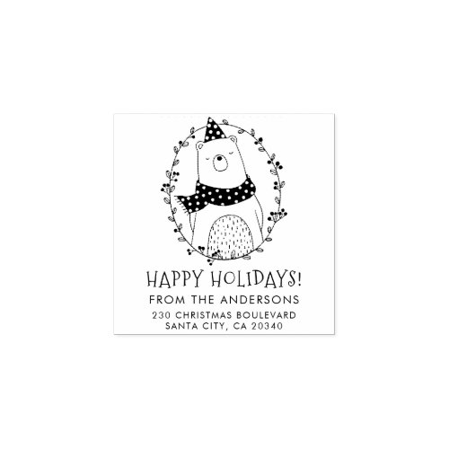Cute Christmas Bear Happy Holidays Return Address Rubber Stamp