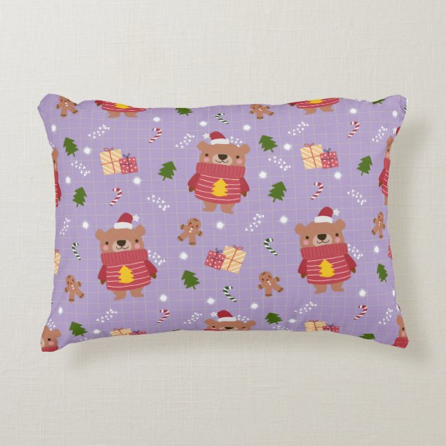 Cute Christmas Bear Pattern | Cozy Holiday Winter  Accent Pillow (Front)