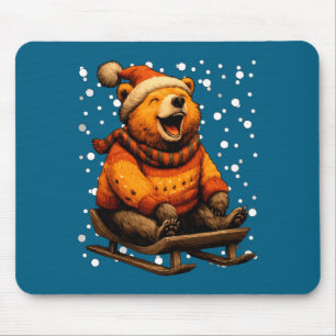 Cute Christmas Bear Sledding In Snow Funny Winter Mouse Pad
