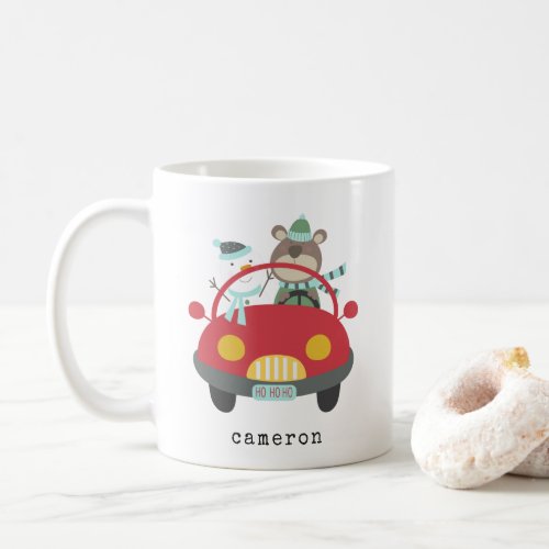 Cute Christmas Bear Snowman Red Car Custom Name Coffee Mug