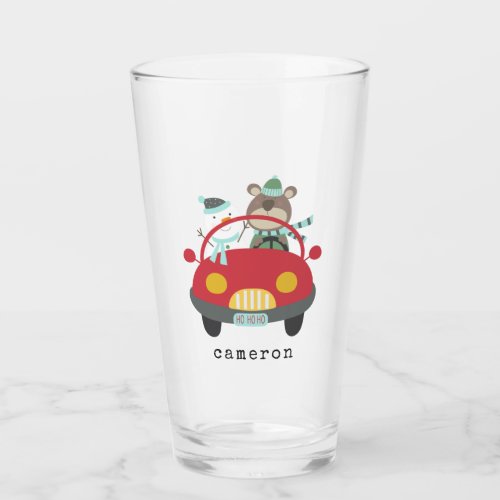 Cute Christmas Bear Snowman Red Car Custom Name Glass