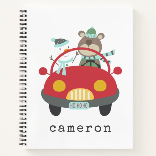 Cute Christmas Bear Snowman Red Car Custom Name Notebook