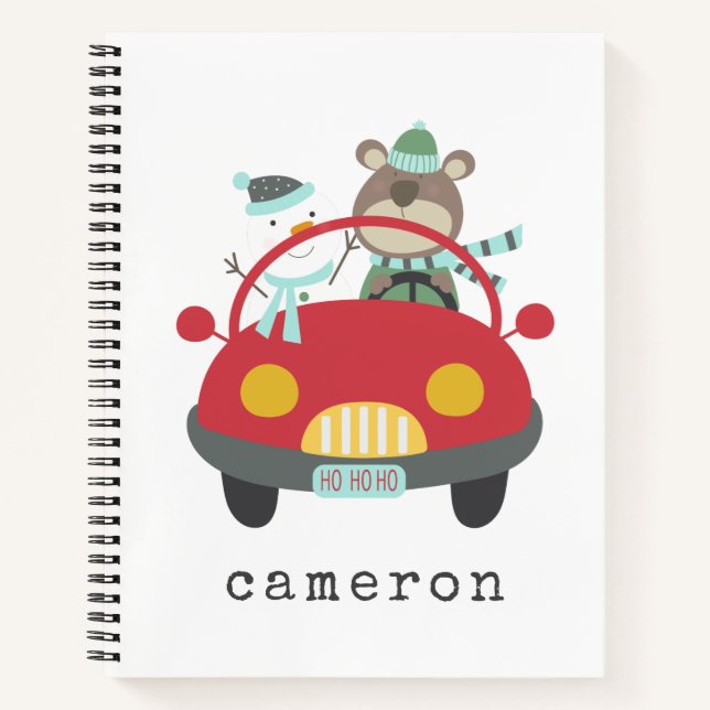Cute Christmas Bear Snowman Red Car Custom Name Notebook (Front)
