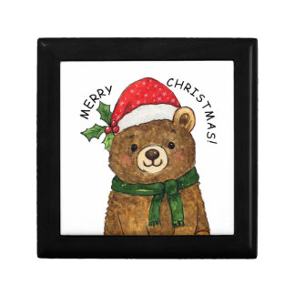 Cute christmas bear with santa hat gift box