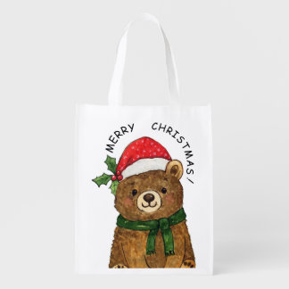 Cute christmas bear with santa hat grocery bag