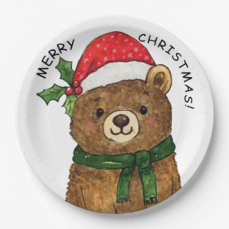 Cute christmas bear with santa hat paper plates
