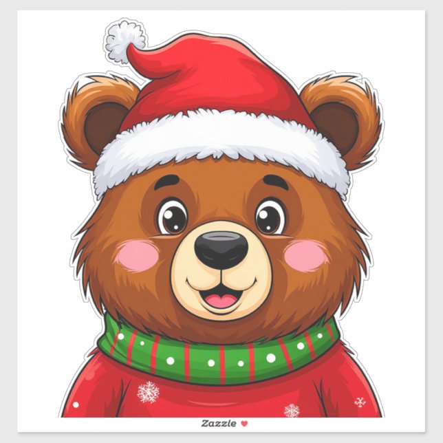 Cute Christmas Bear With Santa Hat Sticker (Sheet)