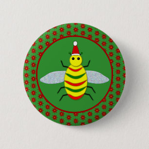 Cute Christmas Bee and Poinsettia Flowers Button