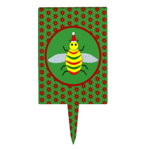 Cute Christmas Bee and Poinsettia Flowers Cake Topper
