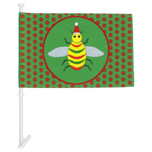 Cute Christmas Bee and Poinsettia Flowers Car Flag