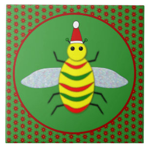 Cute Christmas Bee and Poinsettia Flowers Ceramic Tile