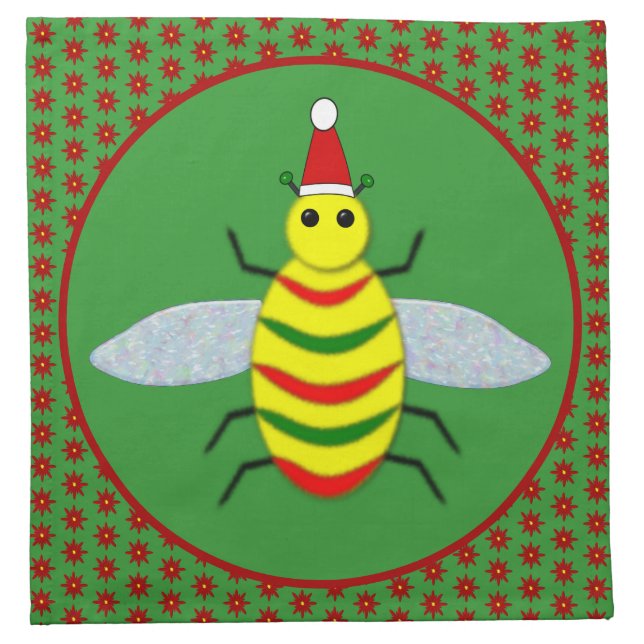 Cute Christmas Bee and Poinsettia Flowers Cloth Napkin (Front)
