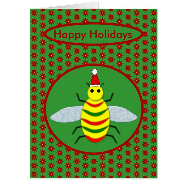 Cute Christmas Bee and Poinsettia Flowers Custom Card (Front)