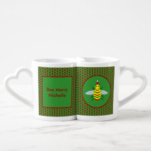 Cute Christmas Bee and Poinsettia Flowers Custom Coffee Mug Set
