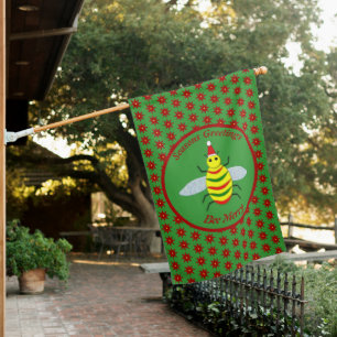 Cute Christmas Bee and Poinsettia Flowers Custom House Flag