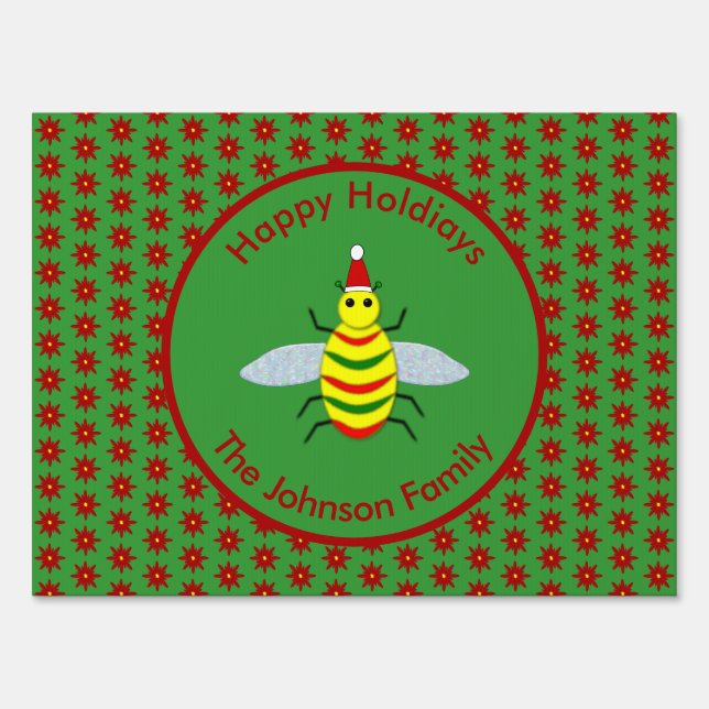 Cute Christmas Bee and Poinsettia Flowers Custom Sign (Front)