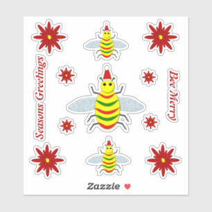 Cute Christmas Bee and Poinsettia Flowers Custom Sticker