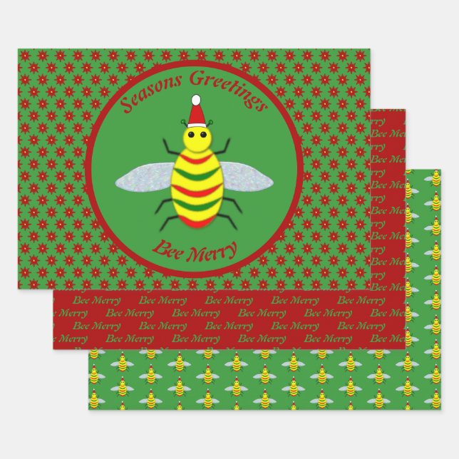 Cute Christmas Bee and Poinsettia Flowers Custom Wrapping Paper Sheets (Set)