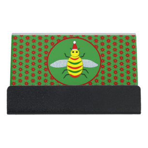 Cute Christmas Bee and Poinsettia Flowers Desk Business Card Holder