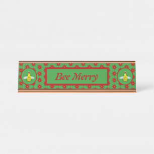 Cute Christmas Bee and Poinsettia Flowers Desk Name Plate