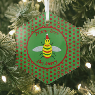Cute Christmas Bee and Poinsettia Flowers Glass Ornament