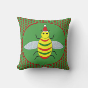 Cute Christmas Bee and Poinsettia Flowers Outdoor Pillow