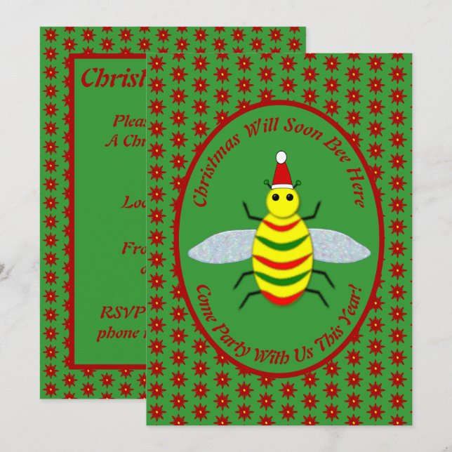Cute Christmas Bee and Poinsettia Flowers Party Invitation (Front/Back)