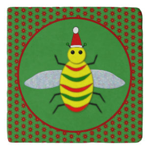 Cute Christmas Bee and Poinsettia Flowers Trivet