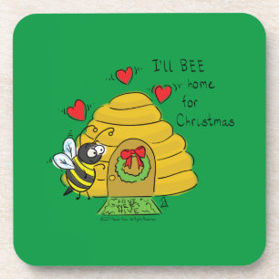 Cute Christmas Bee Funny Holiday Cartoon Beverage Coaster