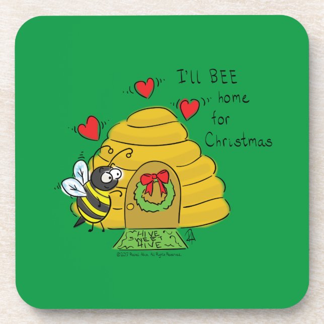 Cute Christmas Bee Funny Holiday Cartoon Beverage Coaster (Front)