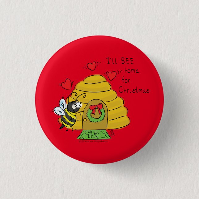 Cute Christmas Bee Funny Holiday Cartoon Button (Front)