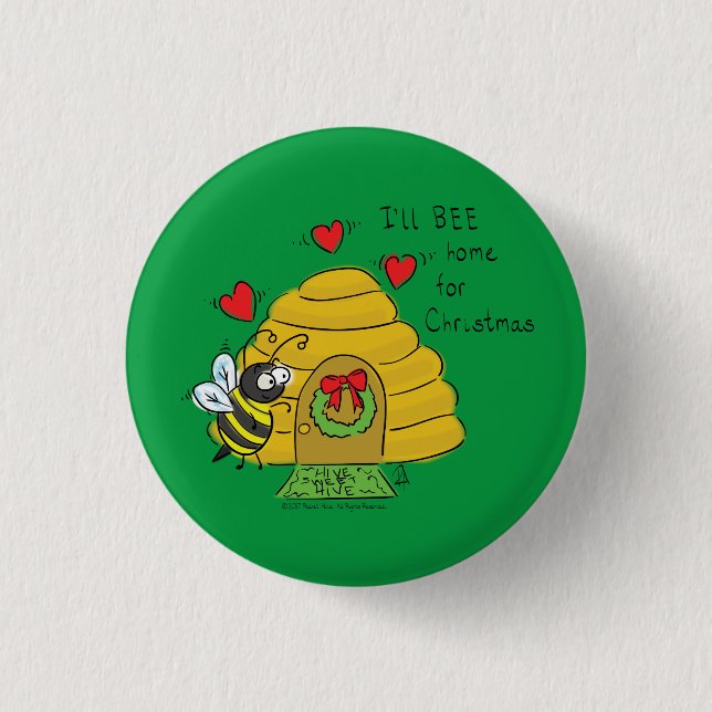 Cute Christmas Bee Funny Holiday Cartoon Button (Front)