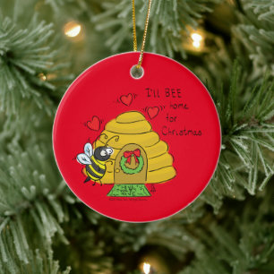 Cute Christmas Bee Funny Holiday Cartoon Ceramic Ornament