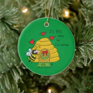 Cute Christmas Bee Funny Holiday Cartoon Ceramic Ornament