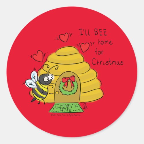 Cute Christmas Bee Funny Holiday Cartoon Classic Round Sticker