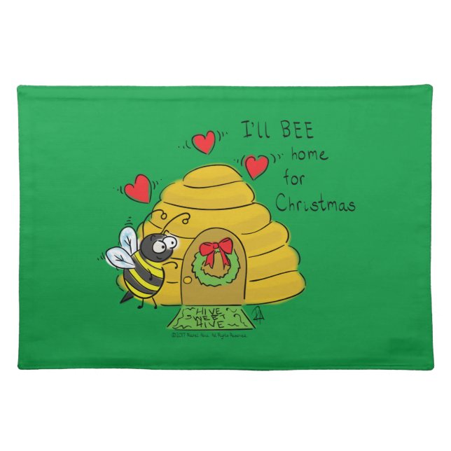 Cute Christmas Bee Funny Holiday Cartoon Cloth Placemat (Front)