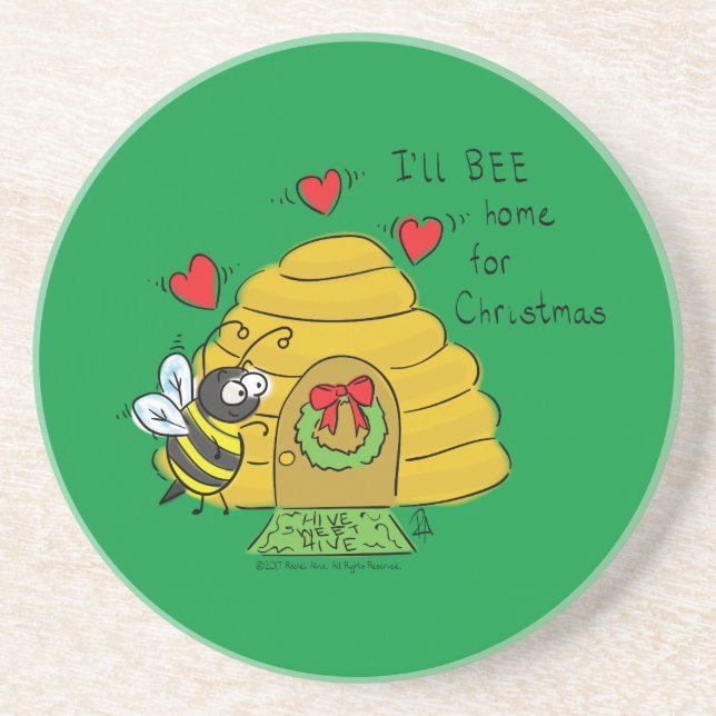 Cute Christmas Bee Funny Holiday Cartoon Coaster (Front)