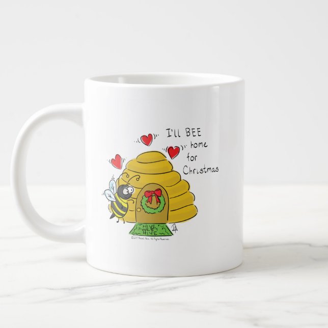 Cute Christmas Bee Funny Holiday Cartoon Giant Coffee Mug (Left)