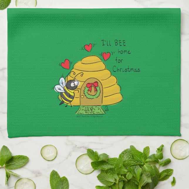 Cute Christmas Bee Funny Holiday Cartoon Kitchen Towel (Folded)