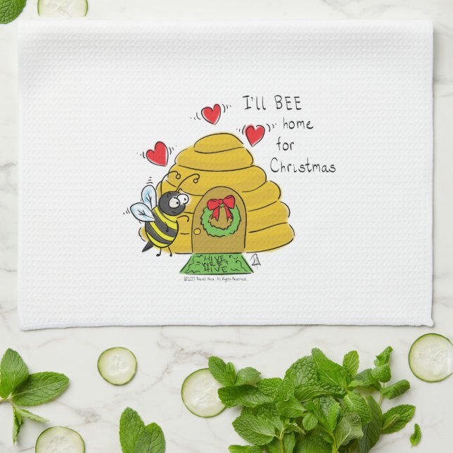 Cute Christmas Bee Funny Holiday Cartoon Kitchen Towel (Folded)