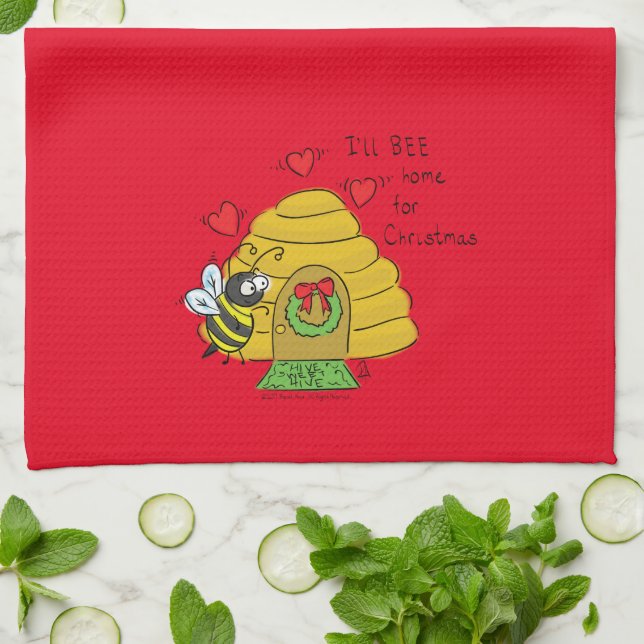 Cute Christmas Bee Funny Holiday Cartoon Kitchen Towel (Folded)