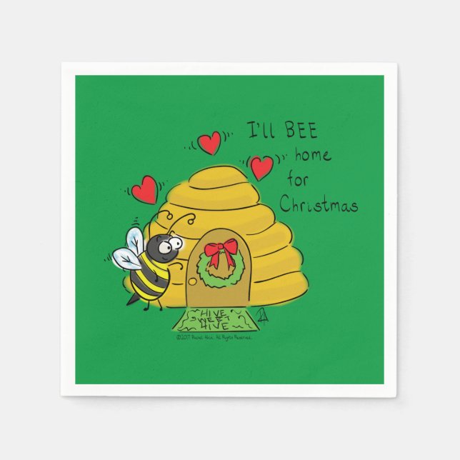 Cute Christmas Bee Funny Holiday Cartoon Napkins (Front)