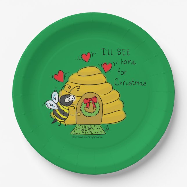 Cute Christmas Bee Funny Holiday Cartoon Paper Plates (Front)