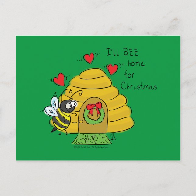 Cute Christmas Bee Funny Holiday Cartoon Postcard (Front)