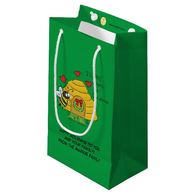 Cute Christmas Bee Funny Holiday Cartoon Small Gift Bag (Front Angled)