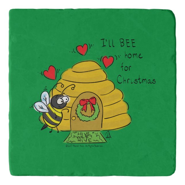 Cute Christmas Bee Funny Holiday Cartoon Trivet (Front)